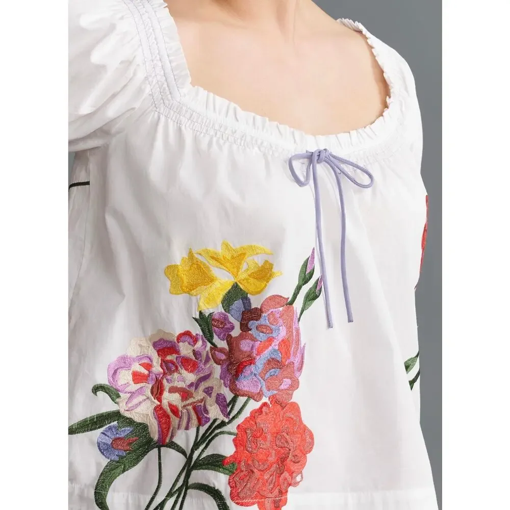 By Anthropologie Puff-Sleeve Tie-Front Embroidered Blouse | Size M